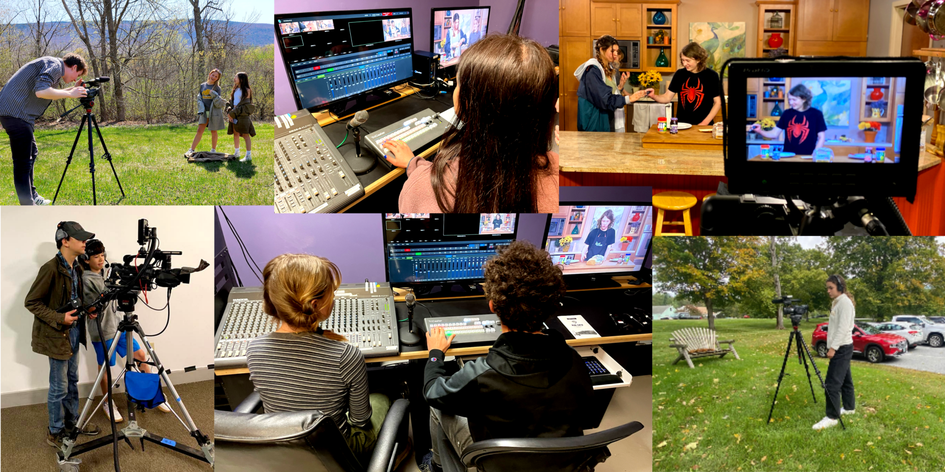 Image grid of pictures from GNAT camps including kids operating field and studio cameras and using studio equipment.