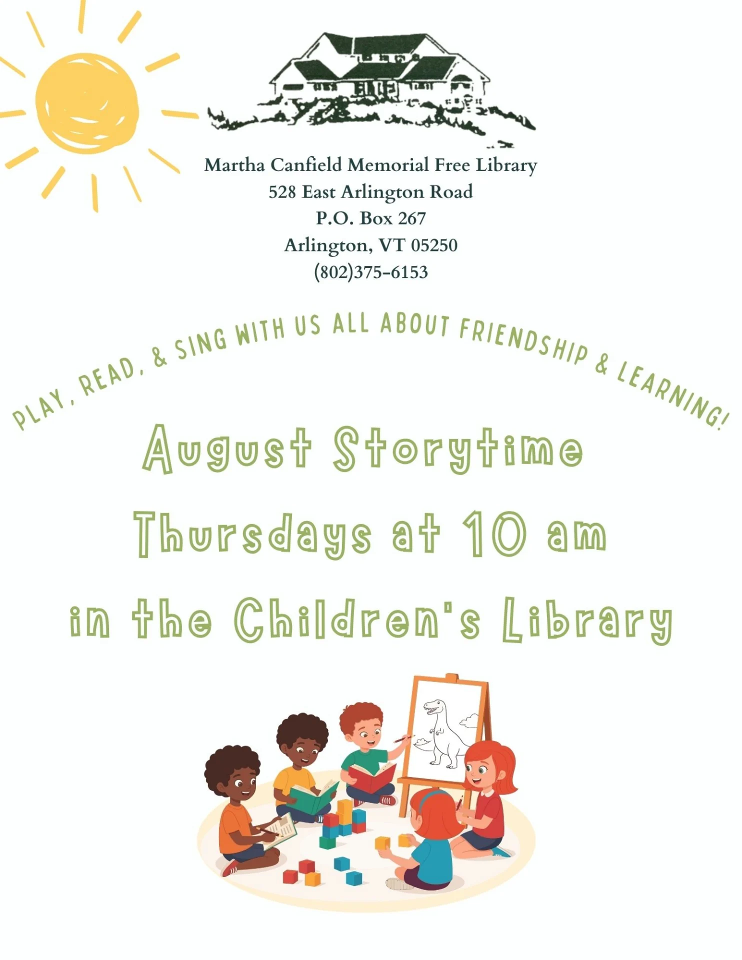 library graphic logo, smiling sun illustration, graphic colorful illustration of kids sitting in a circulation reading and playing.