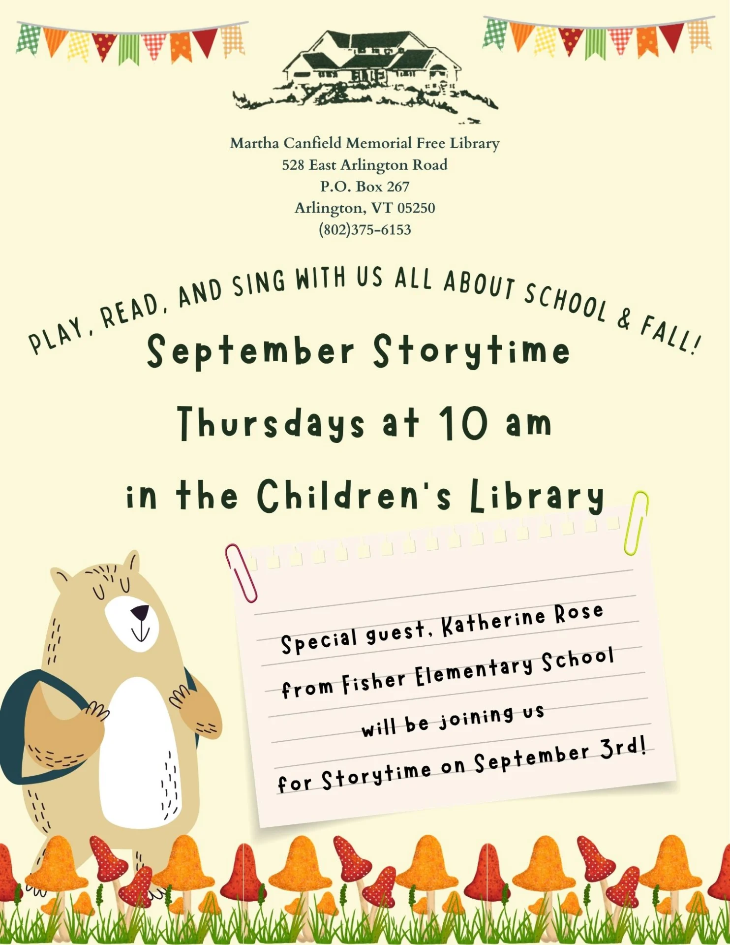 library graphic logo, illustration of a smiling bear wearing a backpack, top border has fall colored flags, and bottom border has illustrated mushrooms with green grass