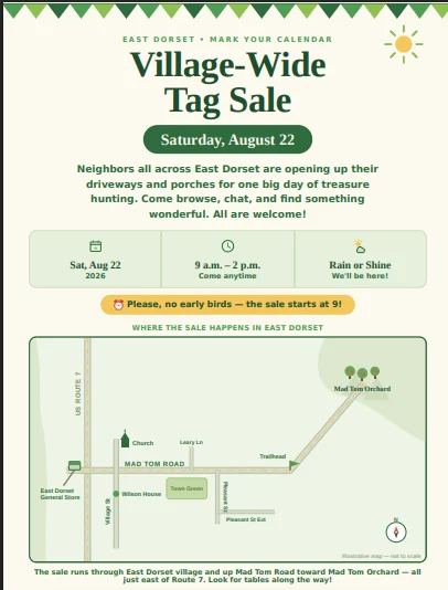 Flyer for village-wide tag sale in East Dorset on 8/22/26 9-2