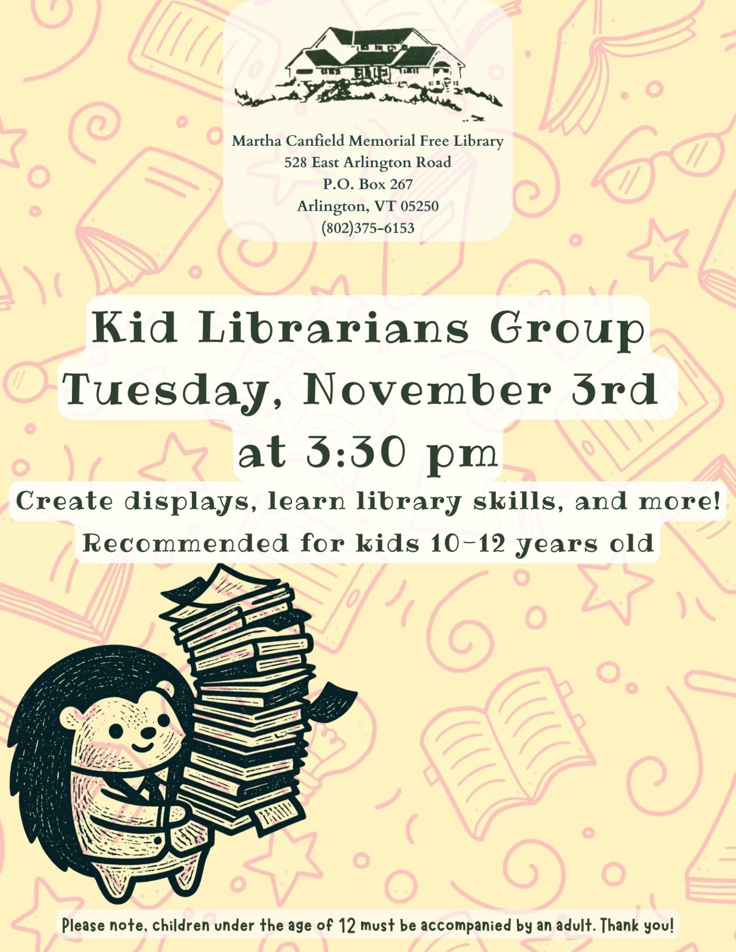 library graphic logo, cartoon illustrated porcupine dressed in a suit carrying a stack of books, background graphic of illustrated books, glasses, and stars