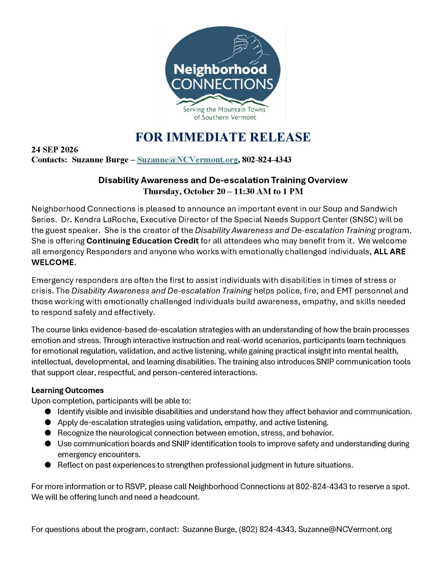 Neighborhood Connections Soup & Sandwich Series Disability Awareness & De-escalation Training