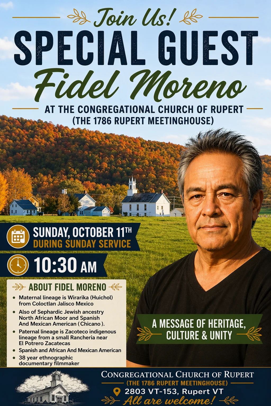 Image of Special guest Fidel Moreno with image of the Rupert Valley in the background with text of event information for October 11tg