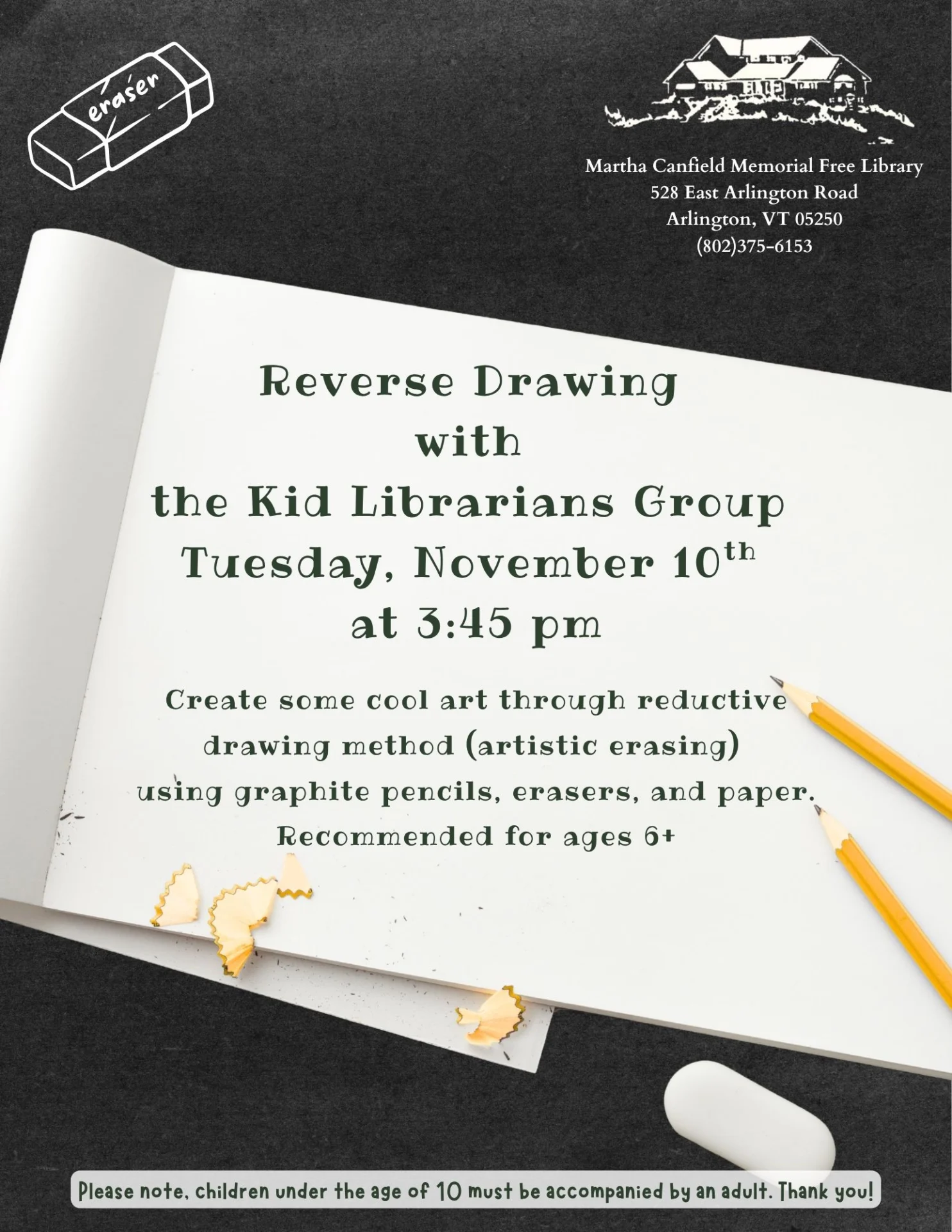 Library graphic logo, text with date, time, event description, graphic of illustrated white paper, graphite pencils and eraser