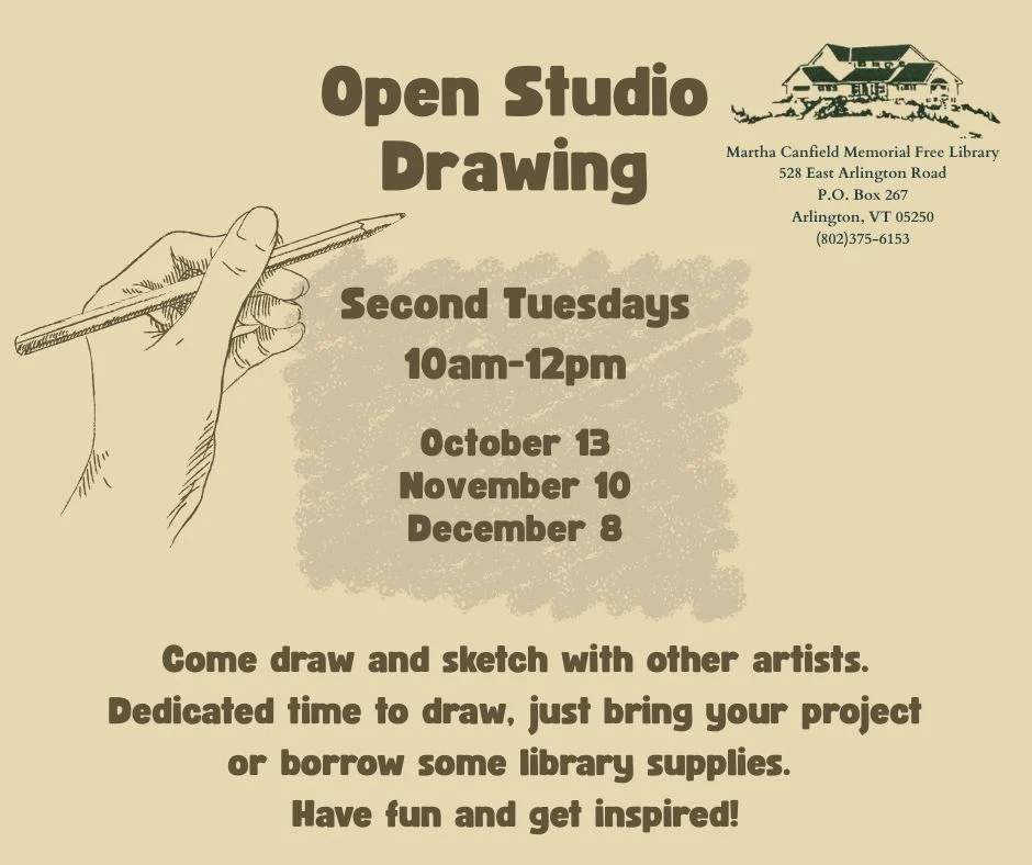 Library graphic logo, text with date, time, event description, graphic of illustrated hand drawing